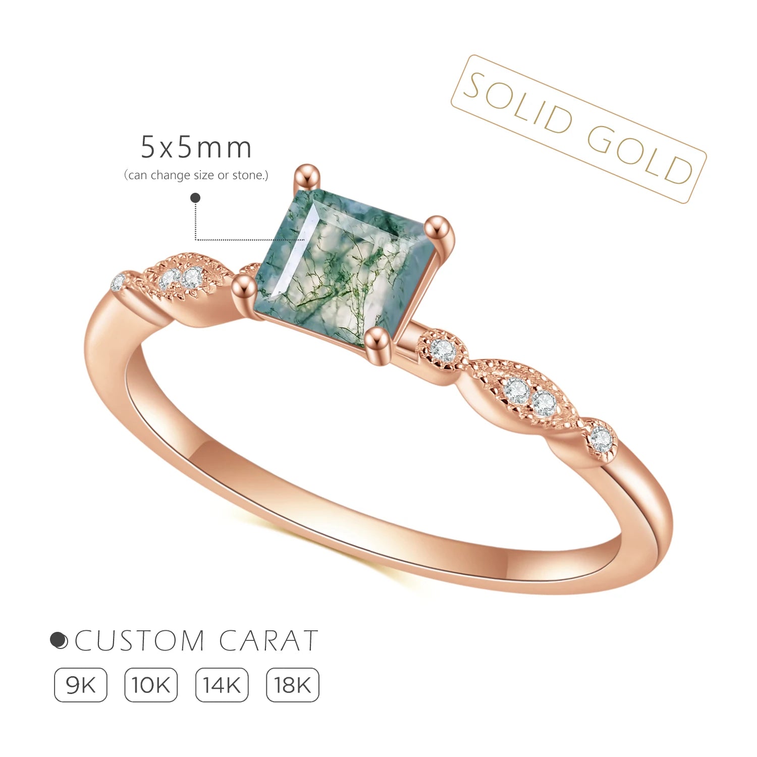 OL1031 Abiding Jewelry Wholesale Price Square Gemstone Engagement 9K 10K 14K 18K AU750 585 Gold Moss Agate Ring With CZ Stone