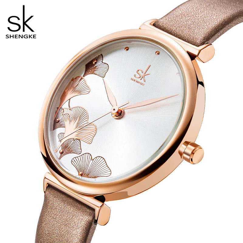 SHENGKE Chinese Luxury Ladies Quartz Alloy Watch Waterproof SEIKO Movement Stainless Steel & Leather Strap
