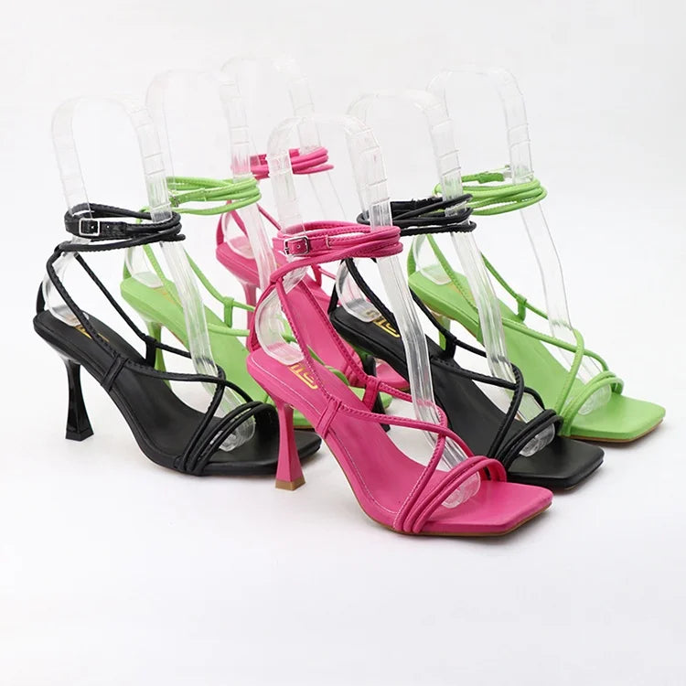Y 9CM Heels Women Shoes Square Head Open Toe Hollow-Out Solid Color Party Slippers Flip-Flops Thin Heels Large Size Sandals
