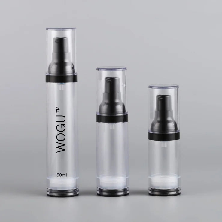 Custom logo Transparent Black Cap Cosmetic Airless Bottle 15ml 30ml 50ml Empty Plastic Serum Lotion Pump Bottle