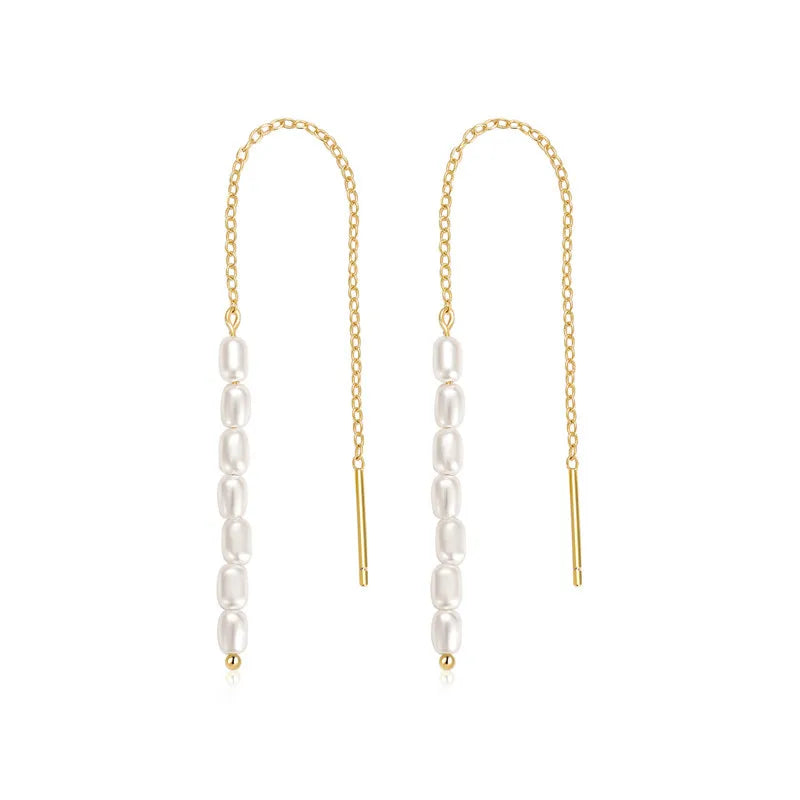 925 Sterling Silver Imitation Pearl Chain Tassel  Earrings Wholesale Jewelry