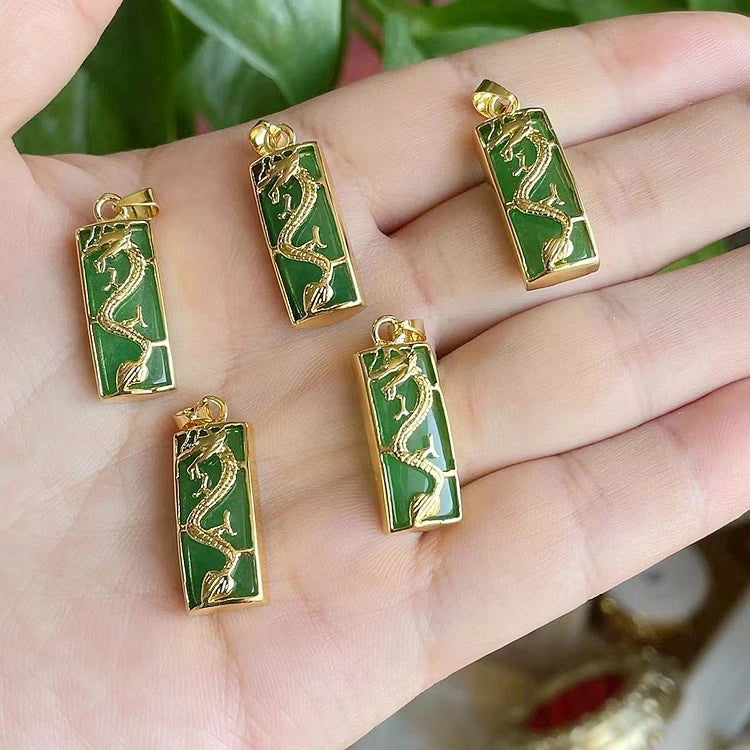 Fashion Jewelry Stainless Steel Chains Wholesale Fengshui Fine 18k Gold Green Jade Stone Dragon Pendant Necklace for Women