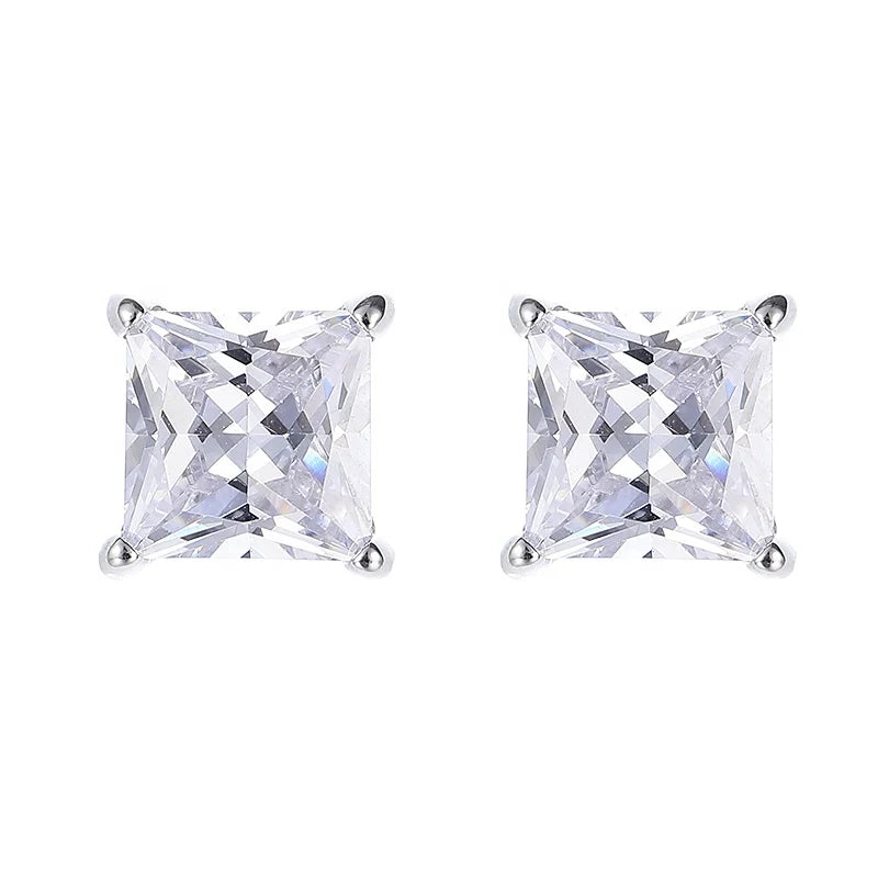 Hip Hop Trendy 925 Sterling Silver Square Princess Cut Moissanite Stud Earrings Rhodium Plated for Men Women Anniversary Gift