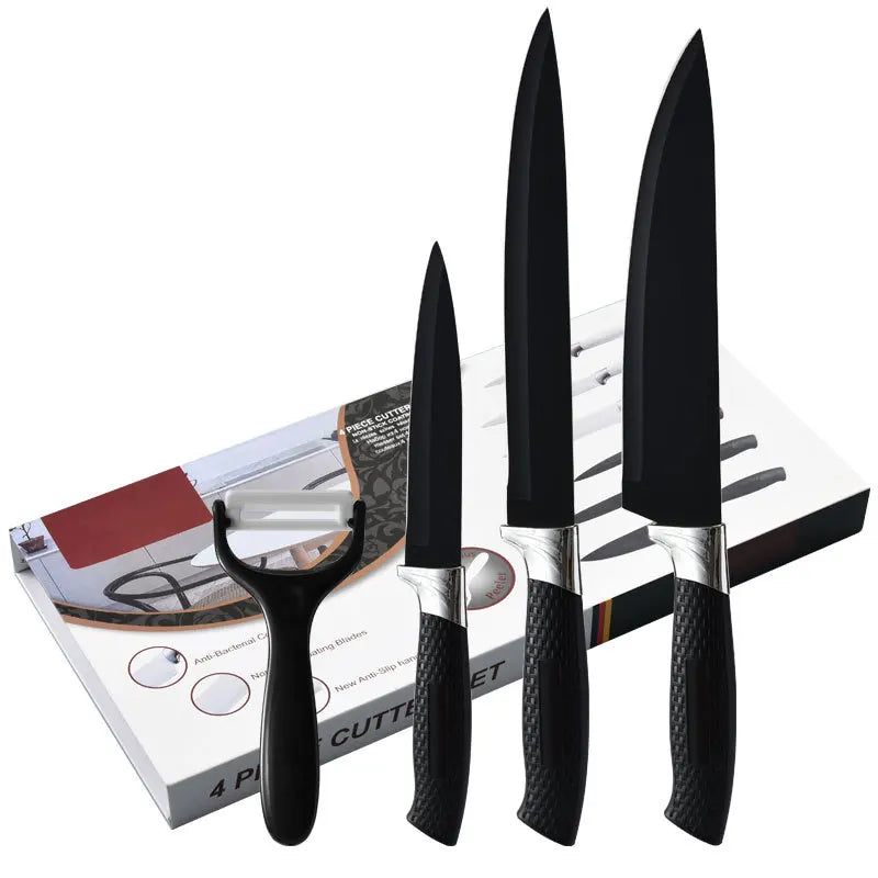 Professional Kitchen Knife Set New 4 Pcs Stainless Steel Black Layer Non-Stick Carbon Steel Blades Chef Utility Fruit Peeler