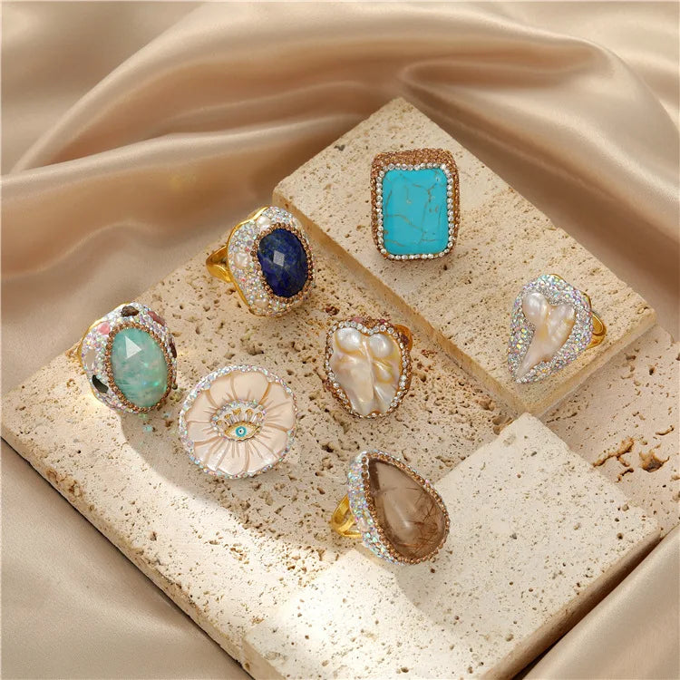 Luxury Fashion Creative Unique Design Vintage Copper Baroque Resizable Natural Pearl Crystals Sudan Stone Stud Earrings