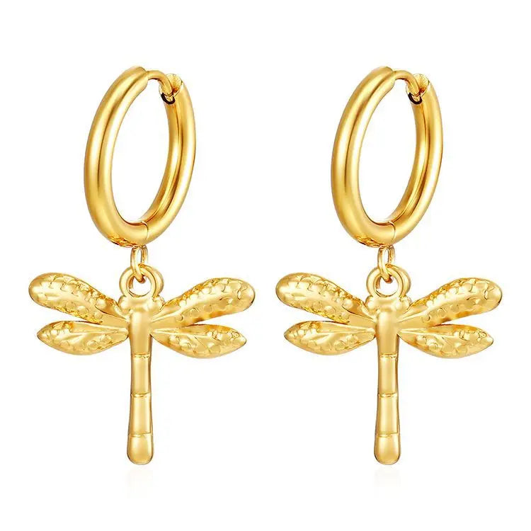 French Retro Dragonfly Earrings Stainless Steel Hoop Earring 18k Gold-Plated Exquisite Elegant Fashion Earrings for Women