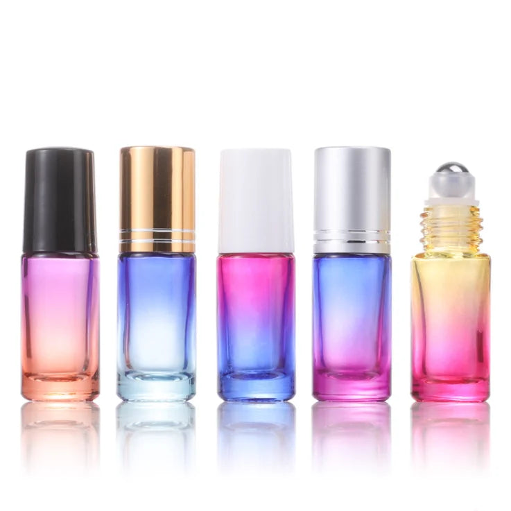 Stock Silver Aluminum Black Plastic Cover 5ml 5colors Gradient Empty Glass Perfume Roll on Essential Oil Roller Bottles