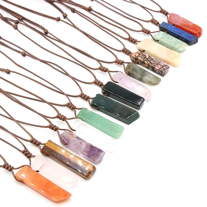 Hot Sale Healing Handmade Knotted Waxed Rope Bohemian Style Ethnic Long Irregular Rectangle Gemstone Crystal Pendant Necklace