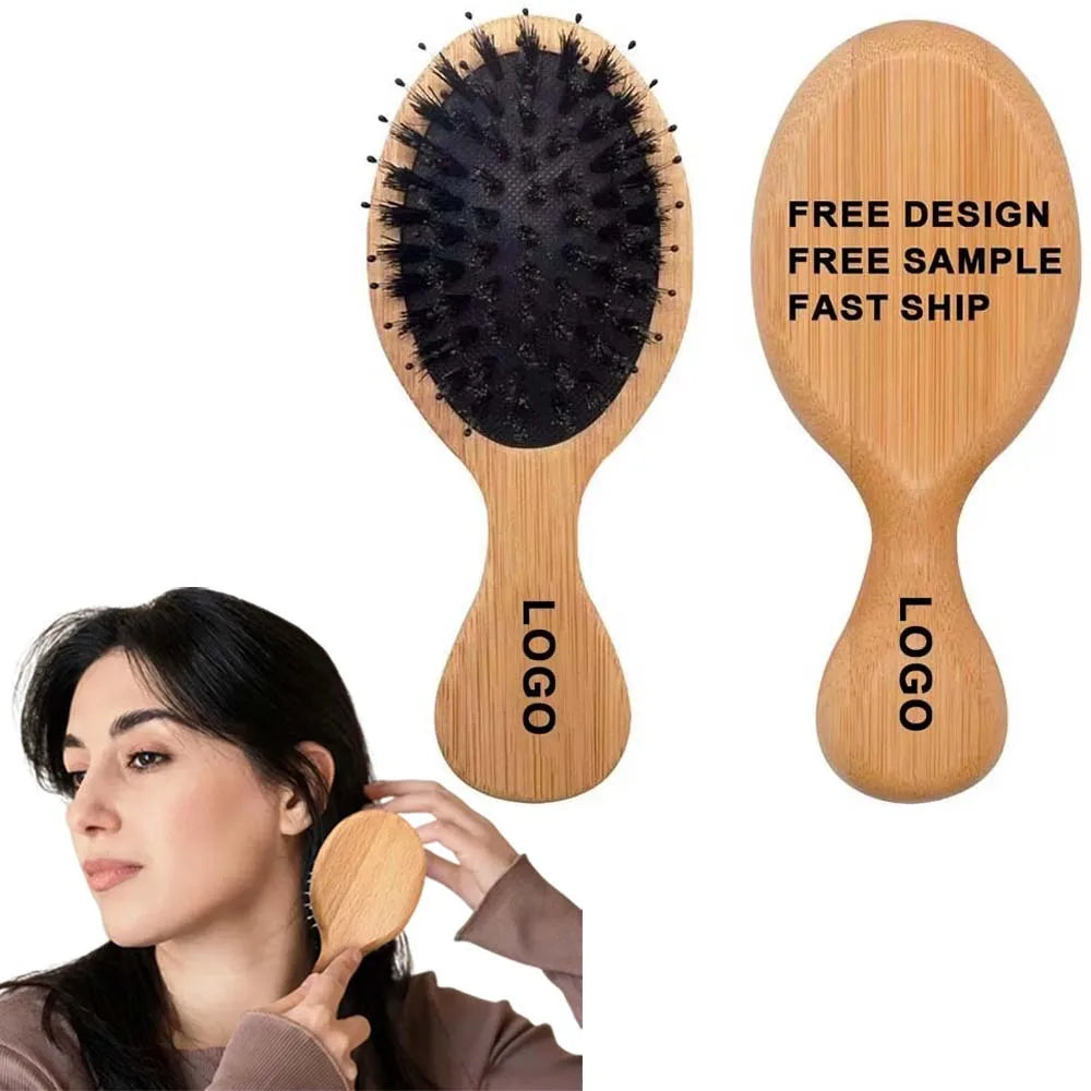 Custom Logo Bamboo Hair Brush Air Cushion Comb with Boar Bristles Detangling Hair Brush Scalp Massage Brush for Hair Styling