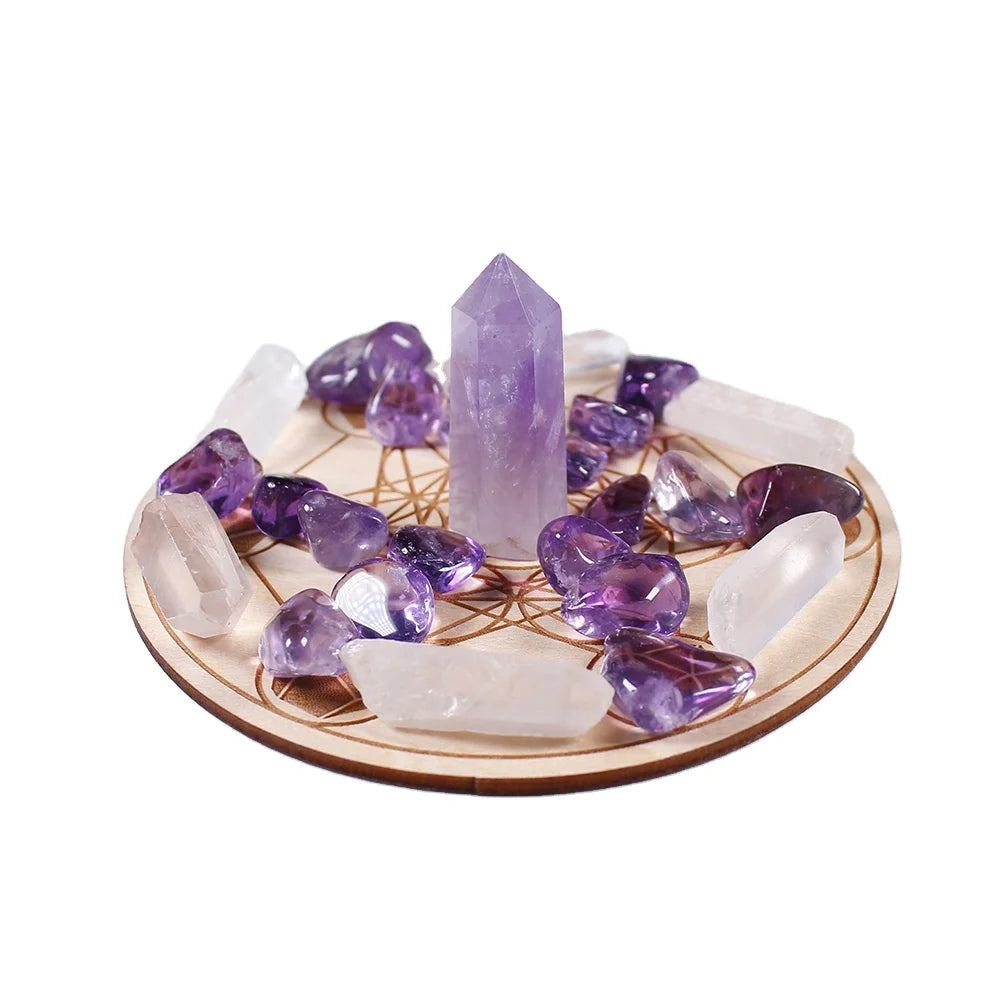 Reiki Healing Stone Rose Quartz Healing Tumbled Stones Seven Star Array Wood Base Quartz Crystal Points 7 Chakra Stone Set