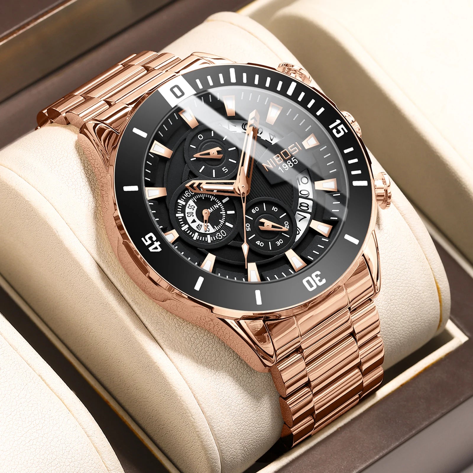 NIBOSI 2592 Stainless Steel Band Quartz Watches Fashion Design Luminous 6 Hands Men Wristwatch