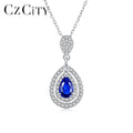 CZCITY Luxury Geometry 925 Sterling Silver Jewelry Blue Sapphire Zircon Pear Shaped Pendant Necklace for Women Fine Jewelry