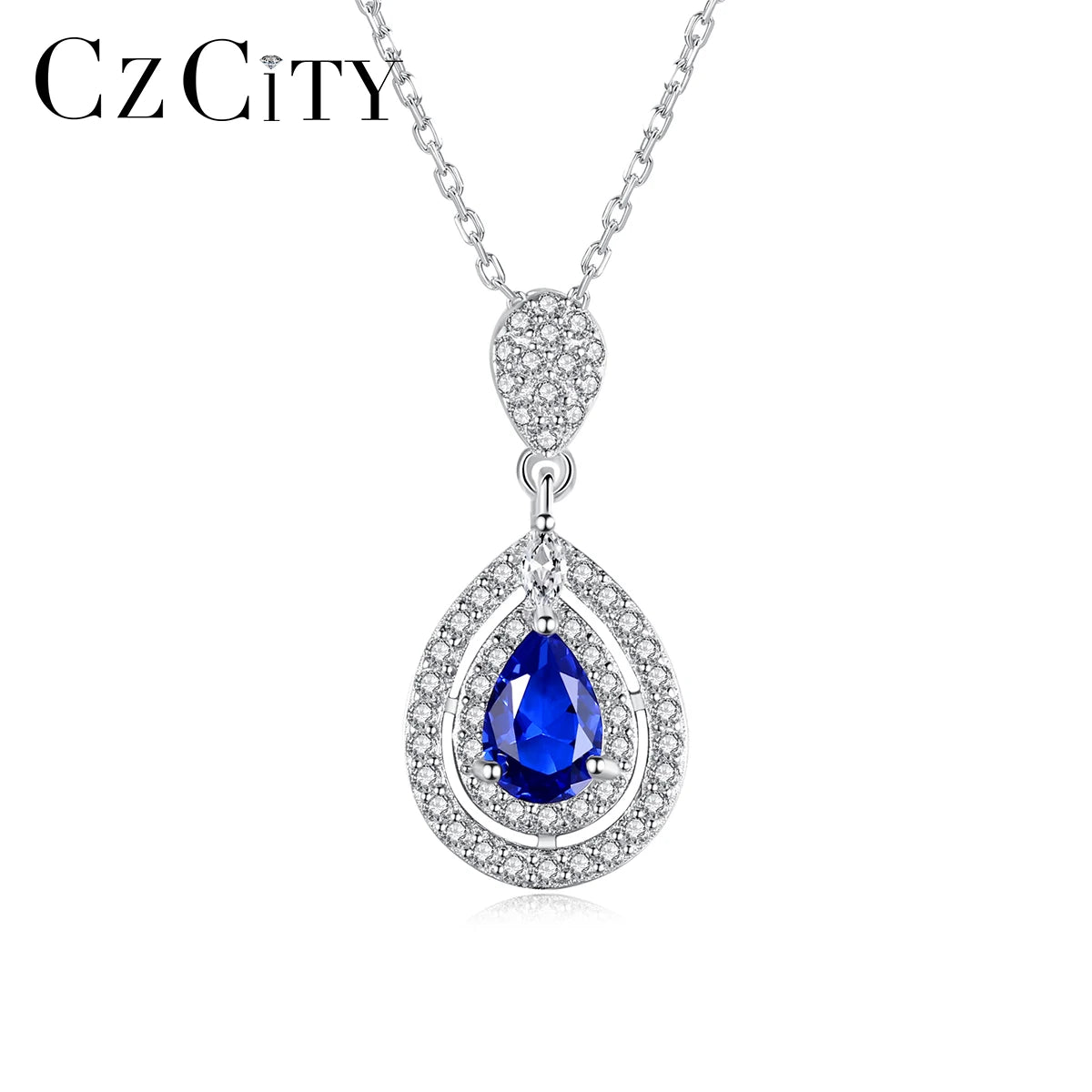 CZCITY Luxury Geometry 925 Sterling Silver Jewelry Blue Sapphire Zircon Pear Shaped Pendant Necklace for Women Fine Jewelry