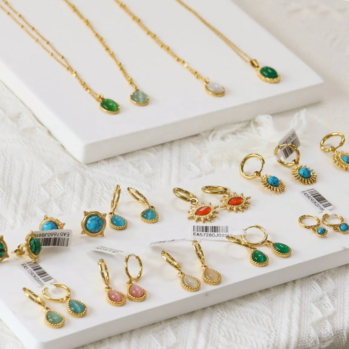 Classic Vintage Jewelry Set 18K Gold PVD Waterproof Stainless Steel Jewelry Cat's Eye Stone Pendant Necklace Earring Set