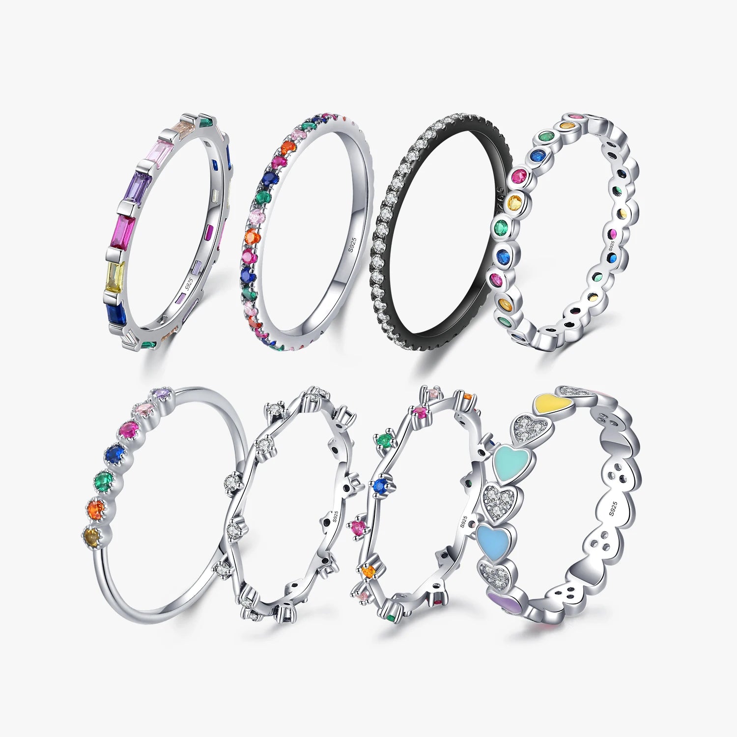 925 Sterling Silver Trendy Rainbow Geometric Zircon Enamel Heart Eternity Band Rings for Women Girls Party Fine Jewelry