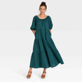 Women's Casual Maxi Dress Spring Fashion Plus Size with Square Neck Puff Sleeve Tiered Design Front Logo Natural Waistline