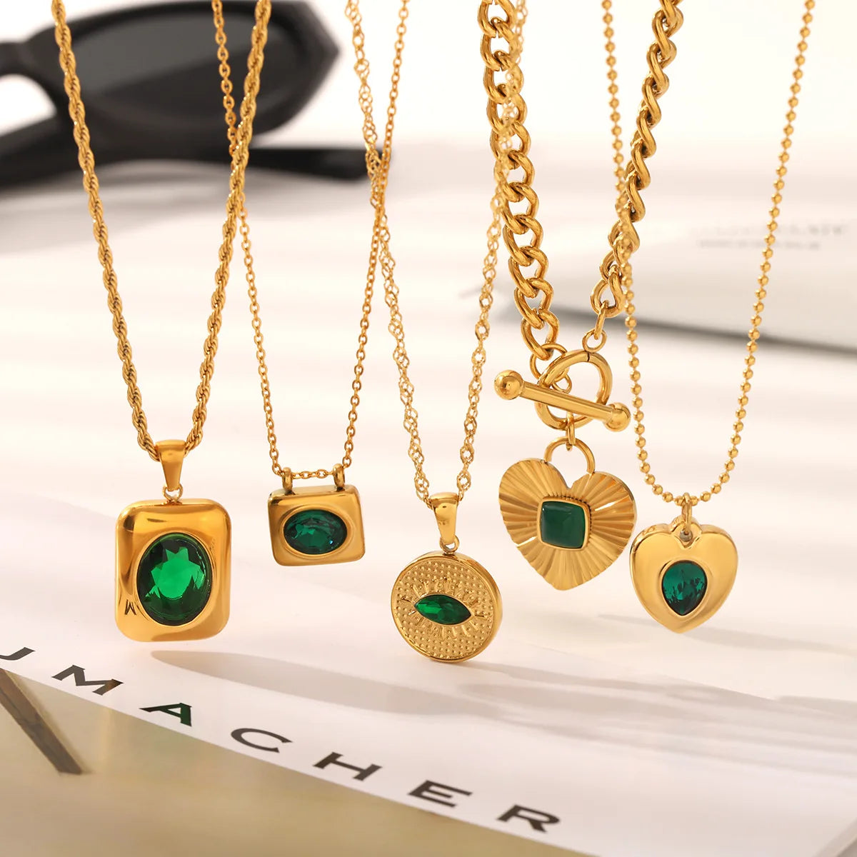 18K Gold Stainless Steel Pendant Green Zirconia Fashion Heart Necklace