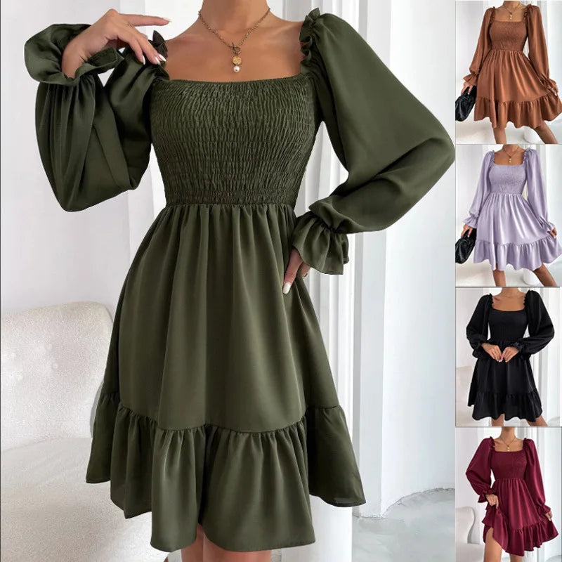 2023 European and American Women's French Minimalist Square Neck Body Ruffle Hem Dress