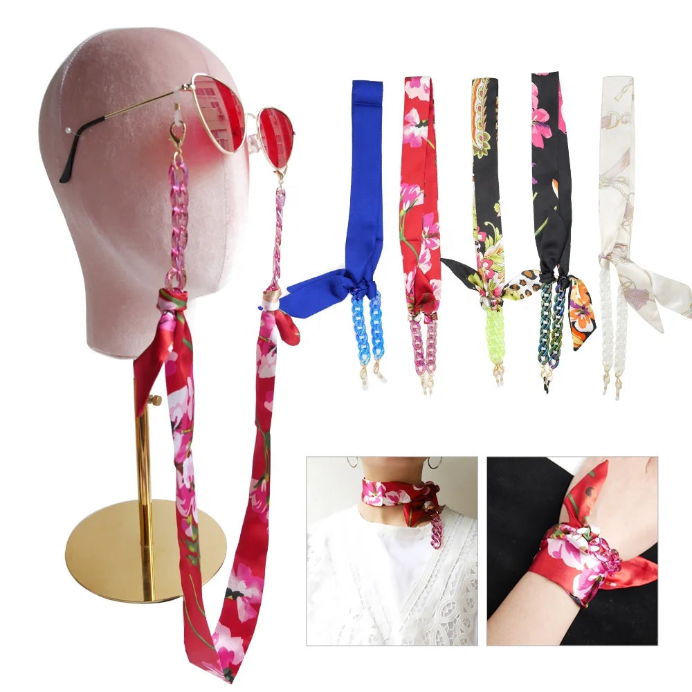 Luxury Polyester Fabric Ribbon AB Coated Color Plated Acrylic Sunglasses Cord Scarf Masking Strap Holder Glasses Chain Floral