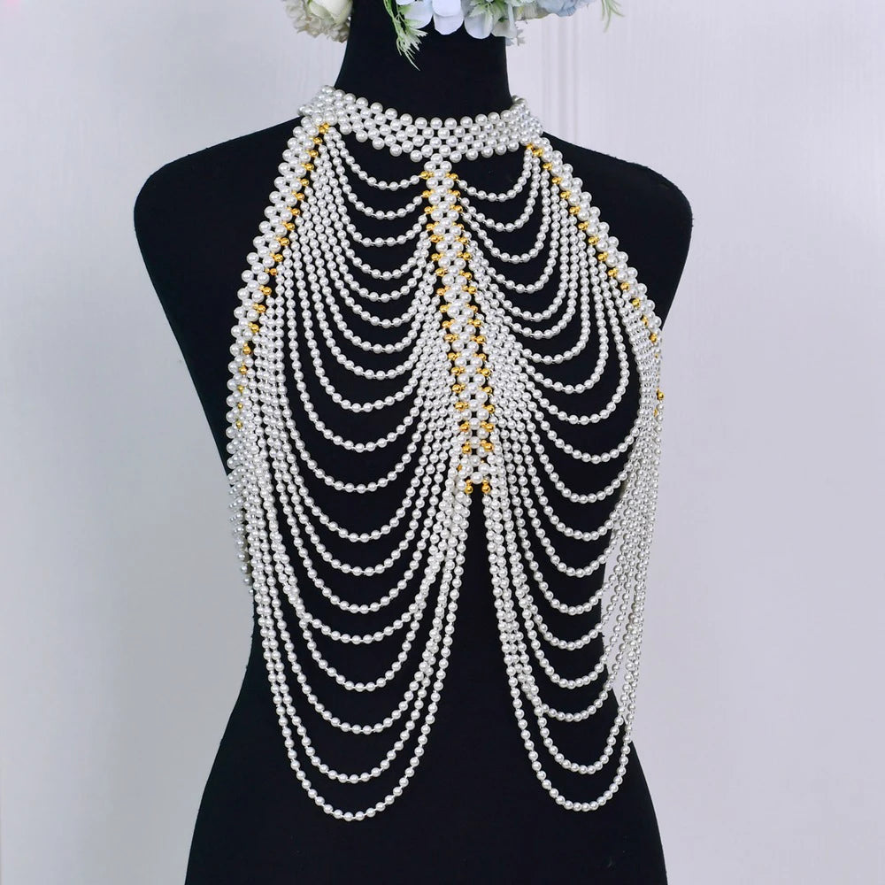 Wedding Shoulder Chain Pearl Shawl Necklace Handmade Beaded Dress Body Chain Necklace Jewelry Women