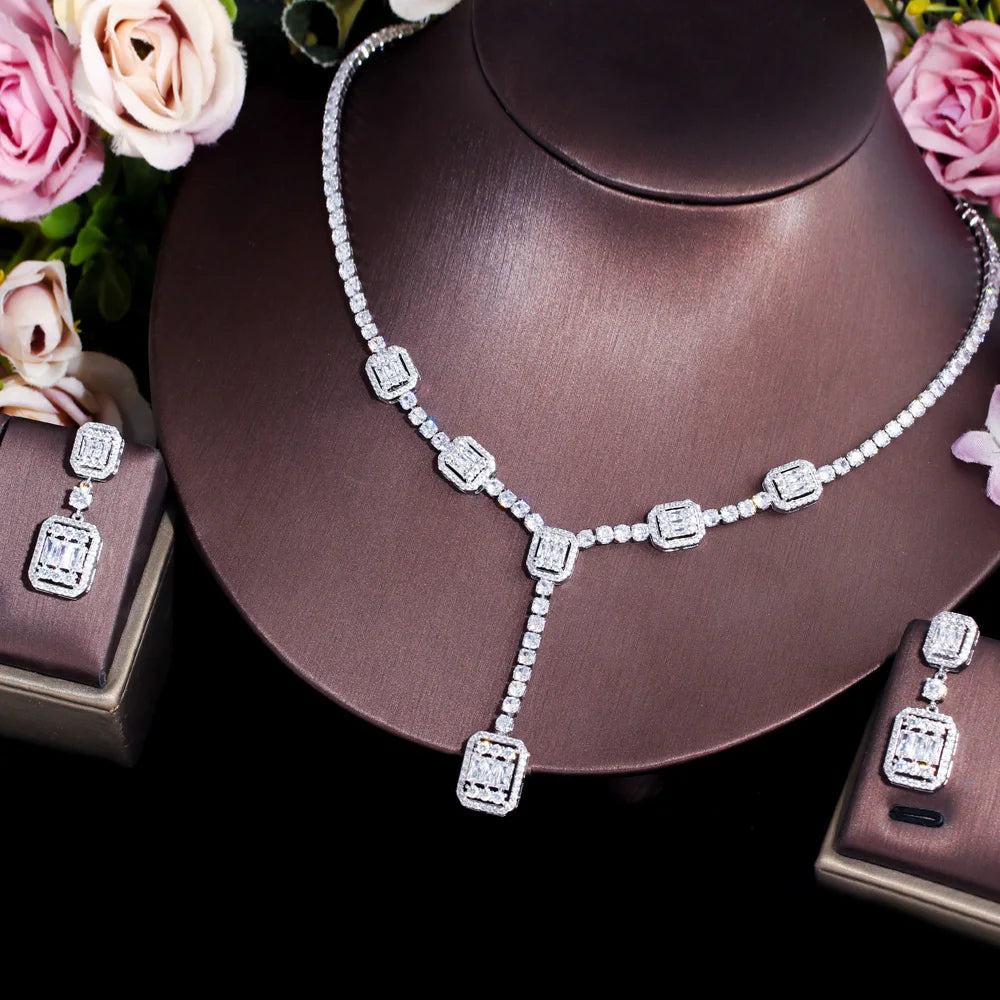 African Baguette CZ Pave Dangle Drop Earrings and Necklace Bridal Wedding Cubic Zirconia Jewelry Set for Women