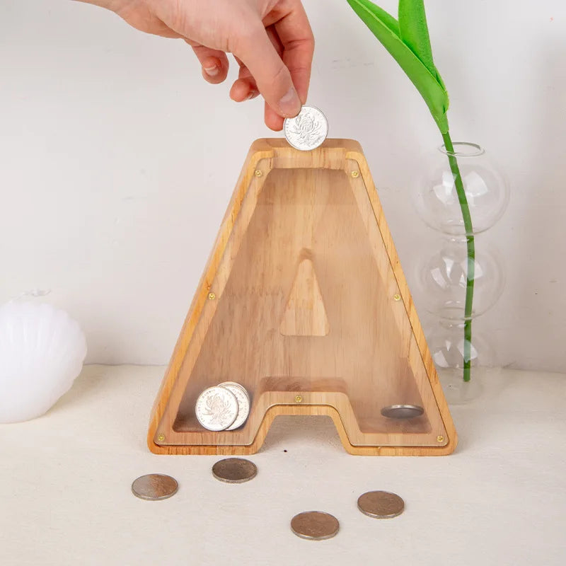 Manufacture Transparent Wooden Piggy Bank with Fun English Engraving New Cross-Border Money Box Decoration