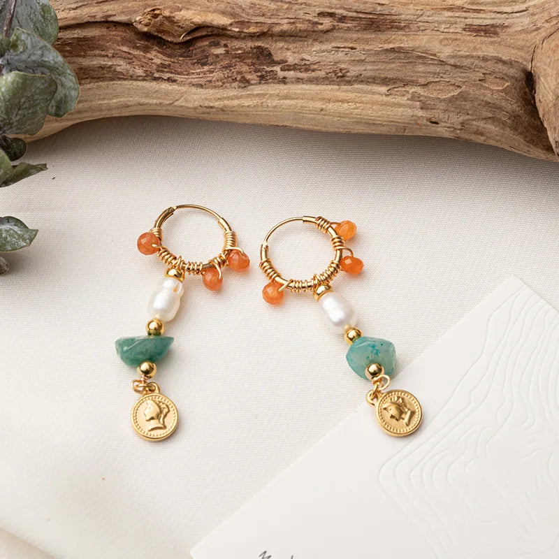 Shescity Trendy Elegant Style Gold Plated Drop Earrings Colorful Natural Stone Pearl Jewelry Women Drop Earrings for Gifts