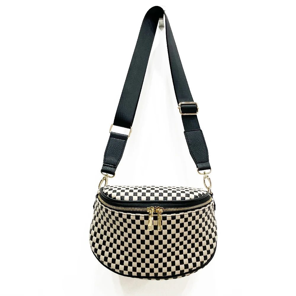 Large Capactity Women's Bag Weaved Leather Shoulder Bag with Crossbody Strap Plaid Pattern Zipper Open up Women's Bag