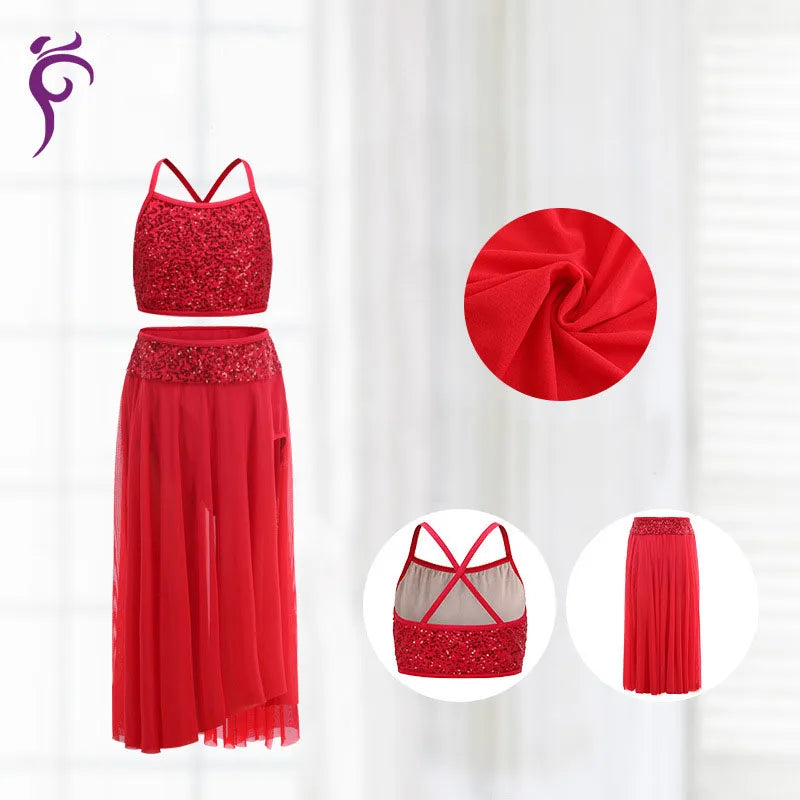 Women Lyrical Dance Dress Modern Contemporary Dancewear  Sequins Leotard Mesh Tulle Maxi Long Skirt