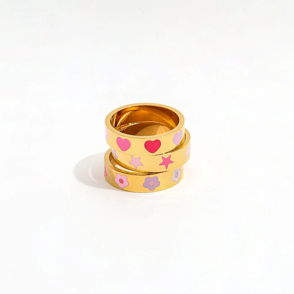Waterproof 18K Gold Plated Enamel Heart Flower Rings for Women Tarnish Free Stainless Steel Jewelry