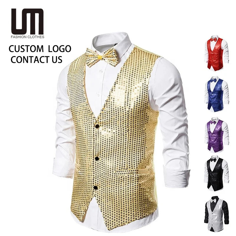 Clearance Sales New Arrivals Men S Single Breasted V Neck Sleeveless Gold Sequin Vest Wedding Party Blazer Waistcoats