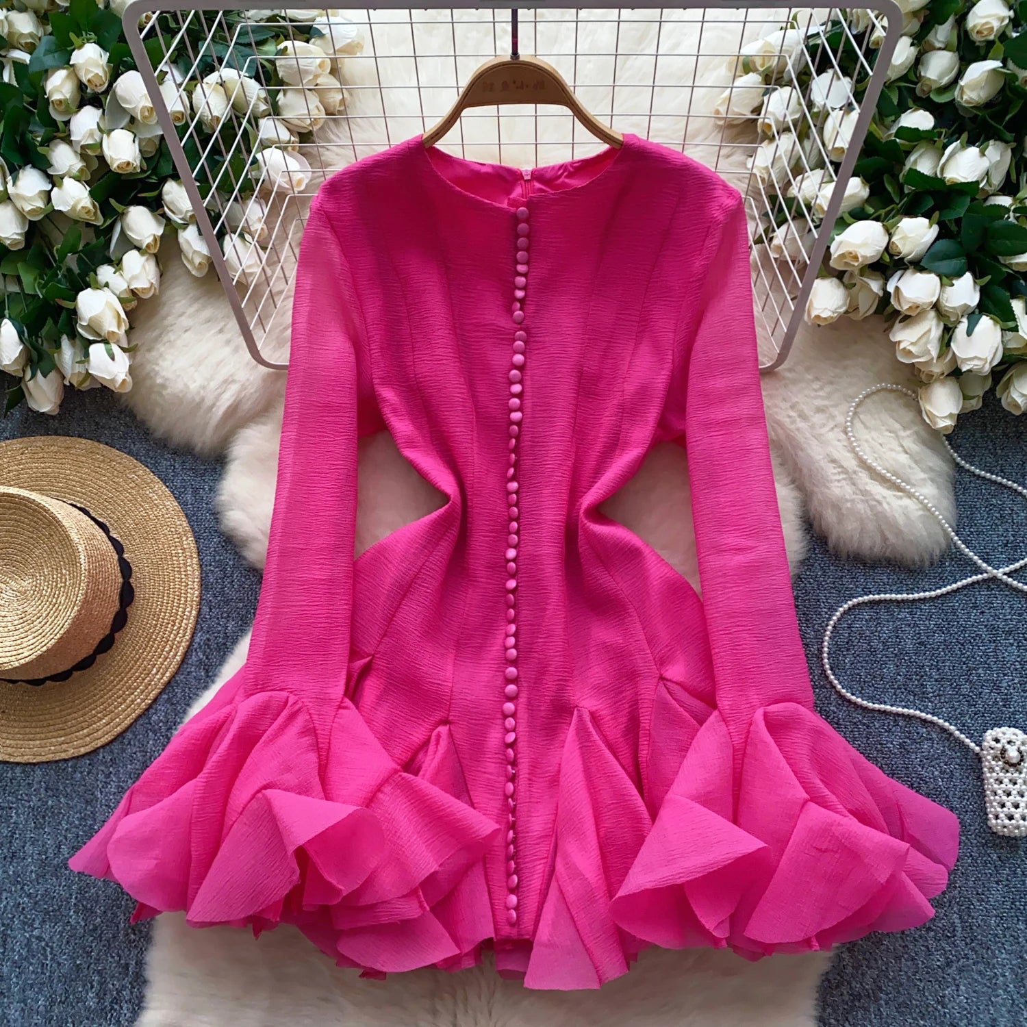 LW0158 Light Luxury Senior Sense Dress Female Autumn Ruffled Single-Breasted Design Chic Temperament Skirt