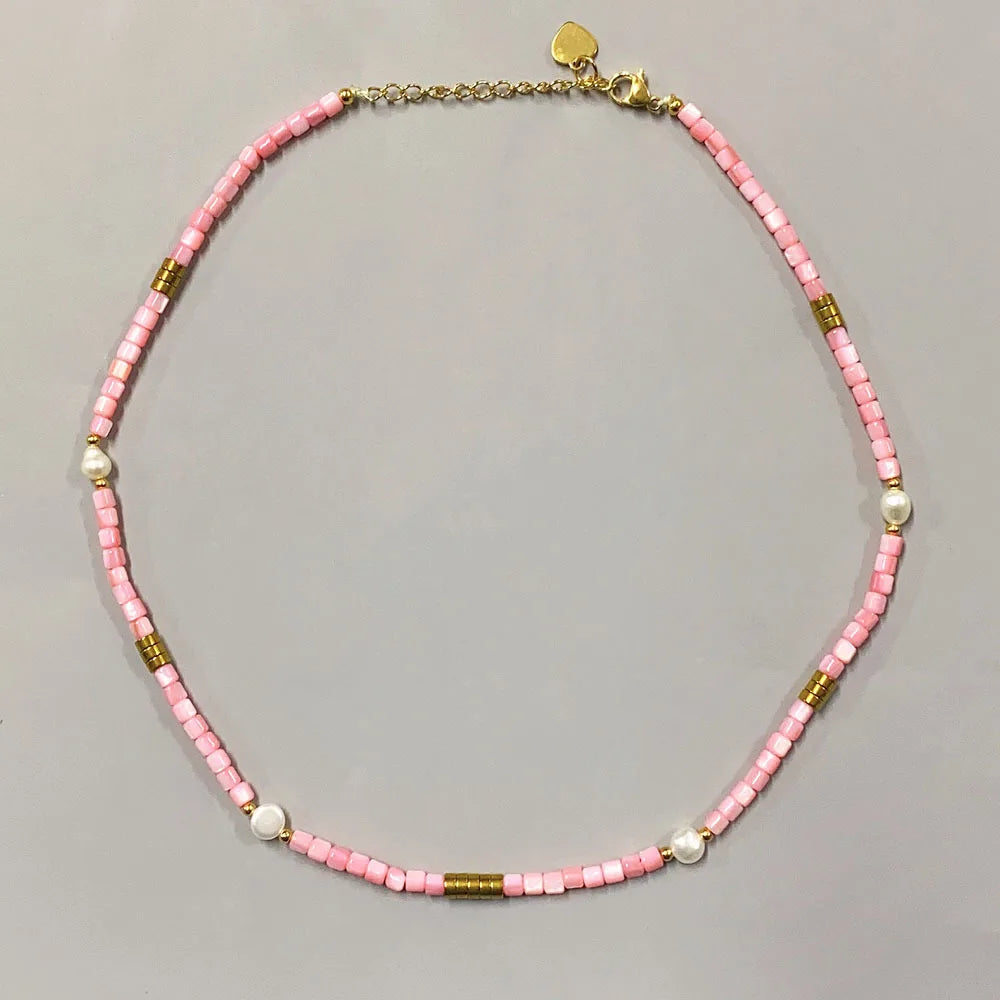 Waterproof Tarnish Free Stainless Steel Muli-color Handmade Shell Spacer Beads Freshwater Pearl Beaded Necklaces for Holiday