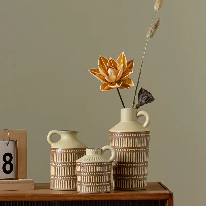 Cross-Border Scandinavian Bohemian Style Hand-Painted Ceramic Vase New Home Decorations with Ear Ornaments for Desktop