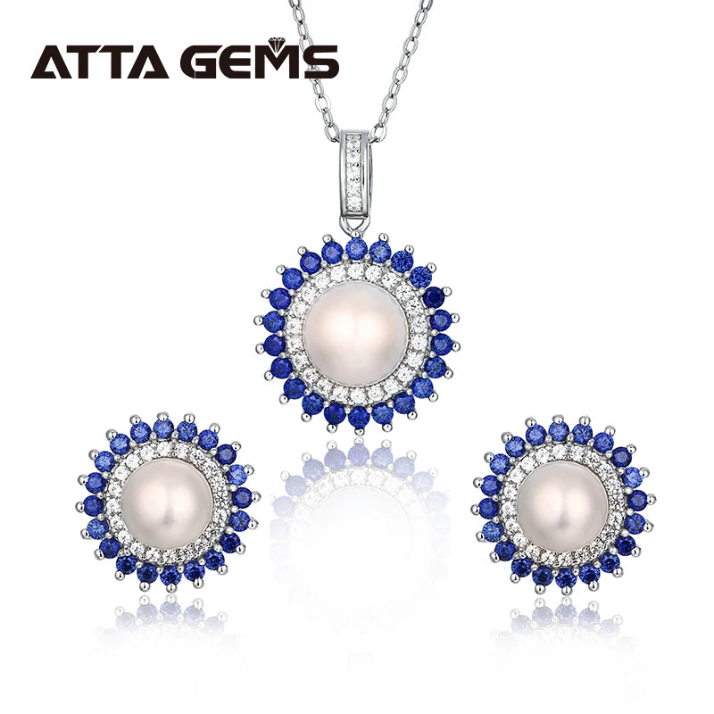 925 Sterling Silver Natural Pearl Jewelry Sets for Women Freshwater Pearl Stud Earrings and  Pearls Sapphire Pendant