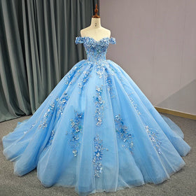 Light Blue Tulle Dresses 3D Flower Princess Sweet 15 16 Birthday Ball Gown Off Shoulder Quinceanera Prom 6655