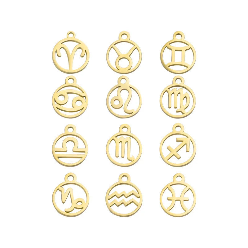 Wholesale Stainless Steel Zodiac Pendant Charms 12mm Silver / Gold / Rose Gold Zodiac Charm Pendant for Jewelry Making
