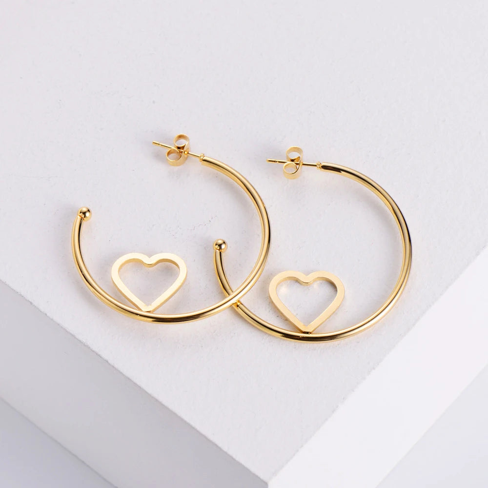 Trendy Stylish Bulk Waterproof Non Tarnish 18k Gold Plated Big Heart Earrings Stainless Steel