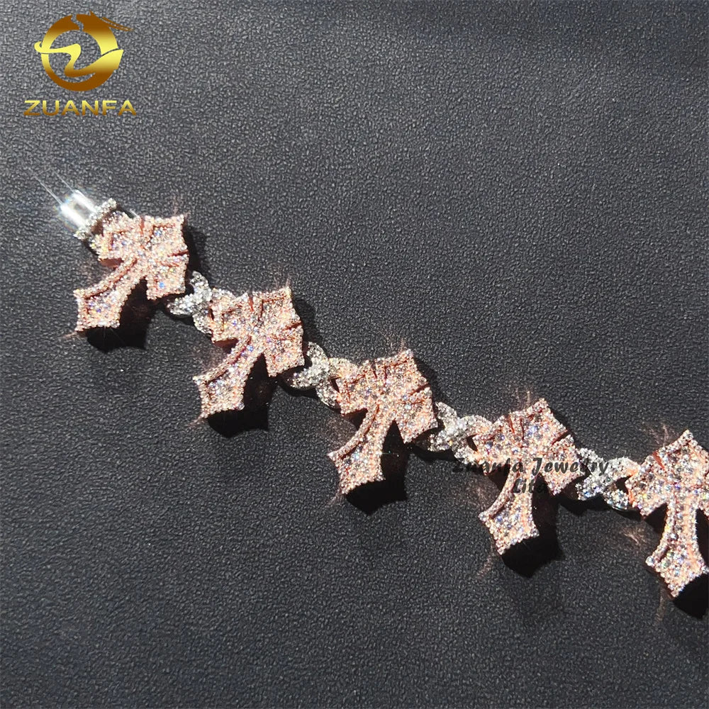 Hip Hop Tow Tone Rose Gold 925 Silver VVS Diamond Infinity Mens Moissanite Cross Cuban Chain Bracelet
