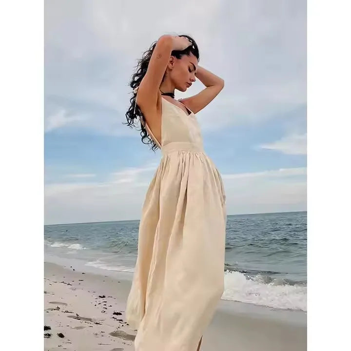 Sexy Hot Girl Cotton Linen V-neck Dress Vintage Loose A-line Sling Dress Spring Summer Beach Style Women Dress