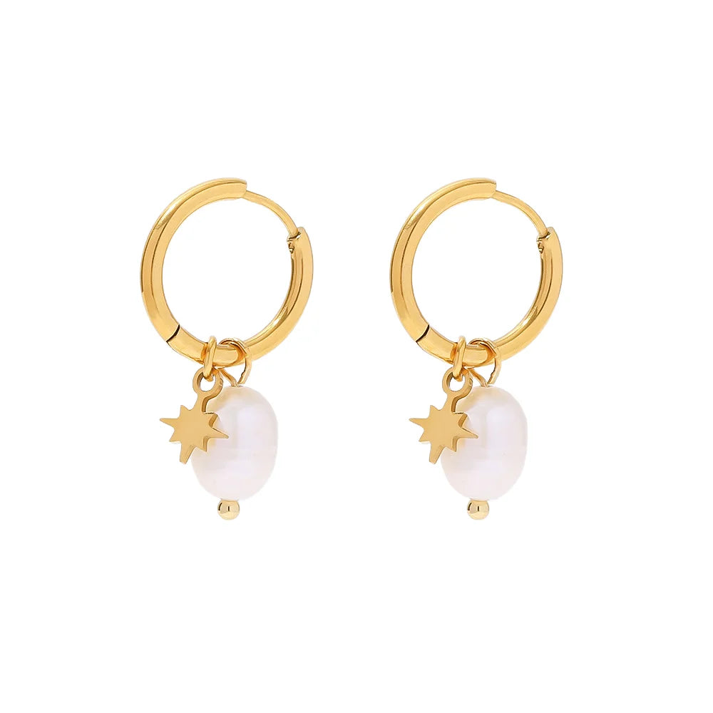 Trendy Star Dangle Earring with Fresh Water Pearl Small Hoop Charm Stainless Steel for Daily Wear or Gift Geometric Pattern