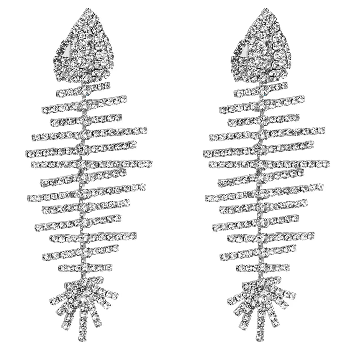 Newest Exaggerated Full Diamond Fish Bone Earrings Silver Shinny Rhinestone Statement Fishbone Earrings for Women Party Jewelry