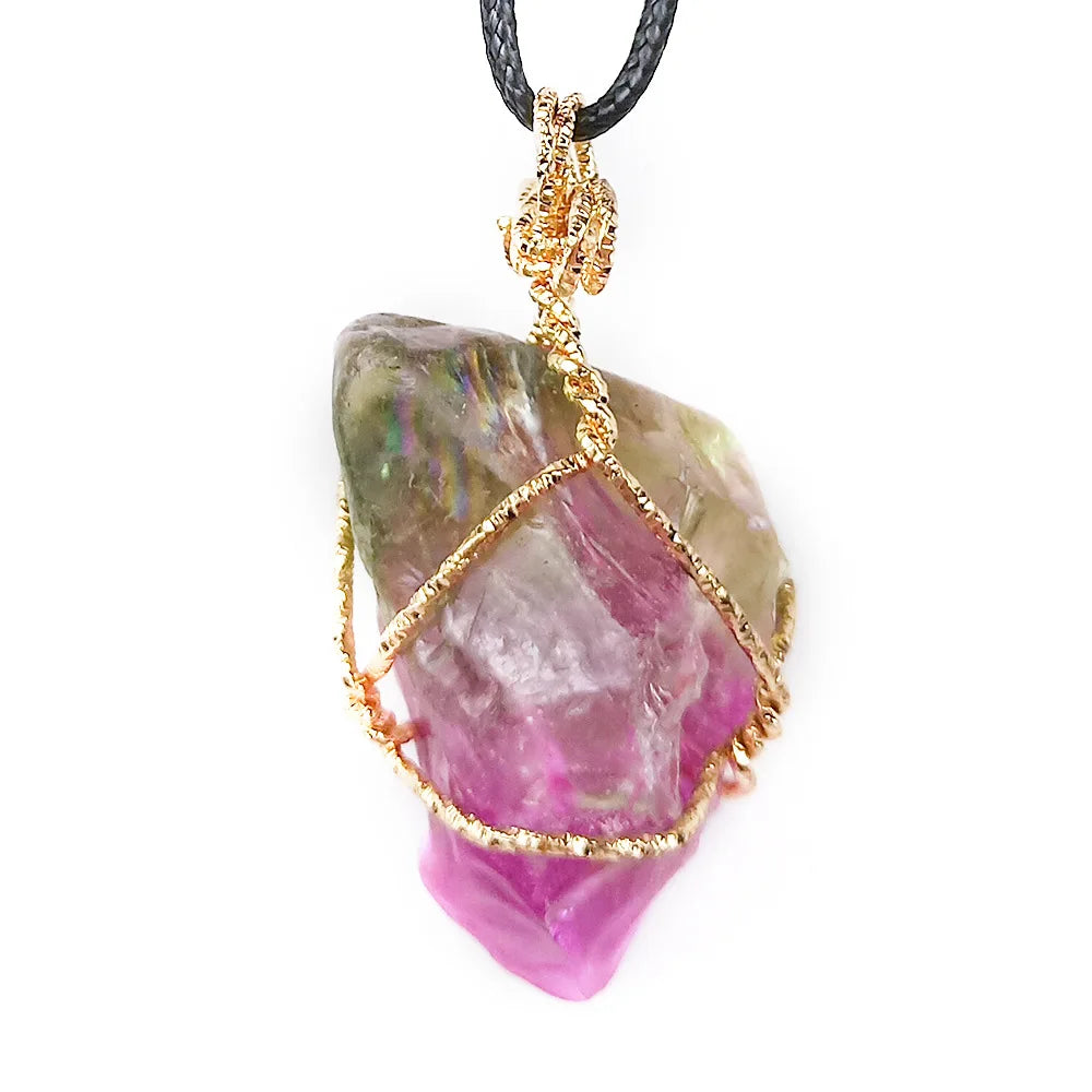 2026 Natural Raw Gemstone Wire Wrapped Rainbow Clear Quartz Gold Plated Pendant Necklace for Gifts