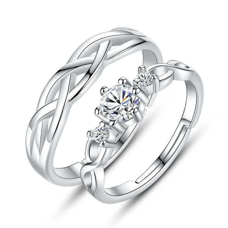Fashion Lovers Gift 925 Real Silver Plated Brass Zircon Adjustable Couple Lovers Rings Jewelry for Wedding