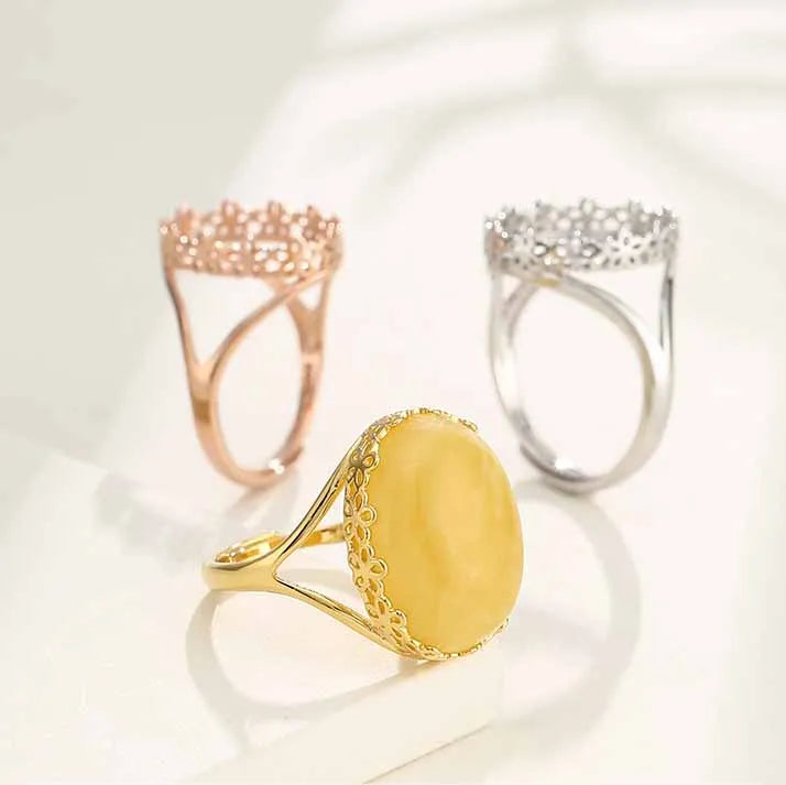 925 Silver Plated 18K White Gold Ring Holder Custom Inlaid Silver Adjustable Semi Mounting Rings for Amber Jewelry