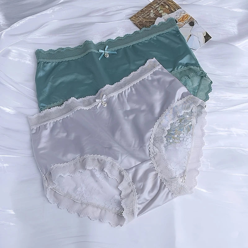 Ladies Satin Silk Panties Breathable Cotton Lingerie Sexy Seamless Lace Briefs for Women