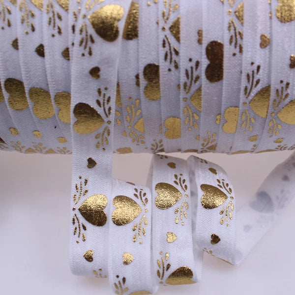Best Sell Custom Gold Foil Heart Printed Valentine Fold Over Elastic