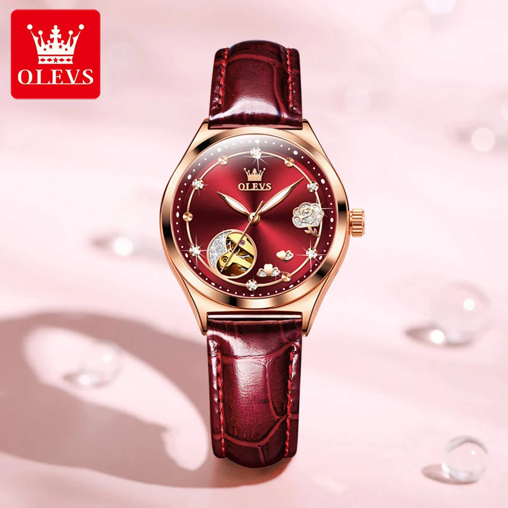 OLEVS 6601 Trendy Classic Design Mechanical Watch Dial Waterproof Diamonds  Leather  Lady Watch Watches Women Luxury Wristwatch