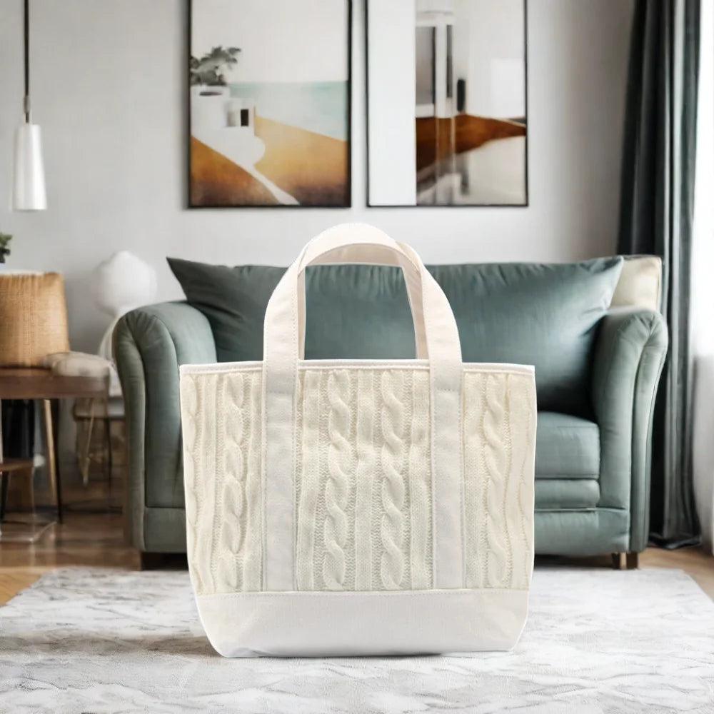 Wholesale Open Embroidery Crochet Knitted Hand Tote Bag Ladies Folding Polyester Beach & Shopping Handbag with Solid Color