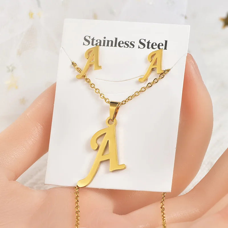 FanYue  26 Stainless Steel Alphabet Letter Initial Gold Stainless Steel Jewelry Sets Earrings and Necklace for Women Men 2023